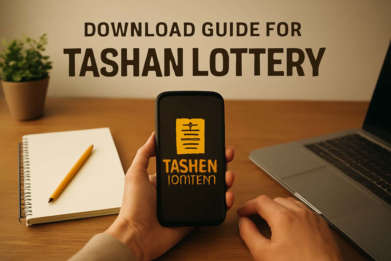 A futuristic scene highlighting the Download Guide for Tashan Lottery with prominent text.